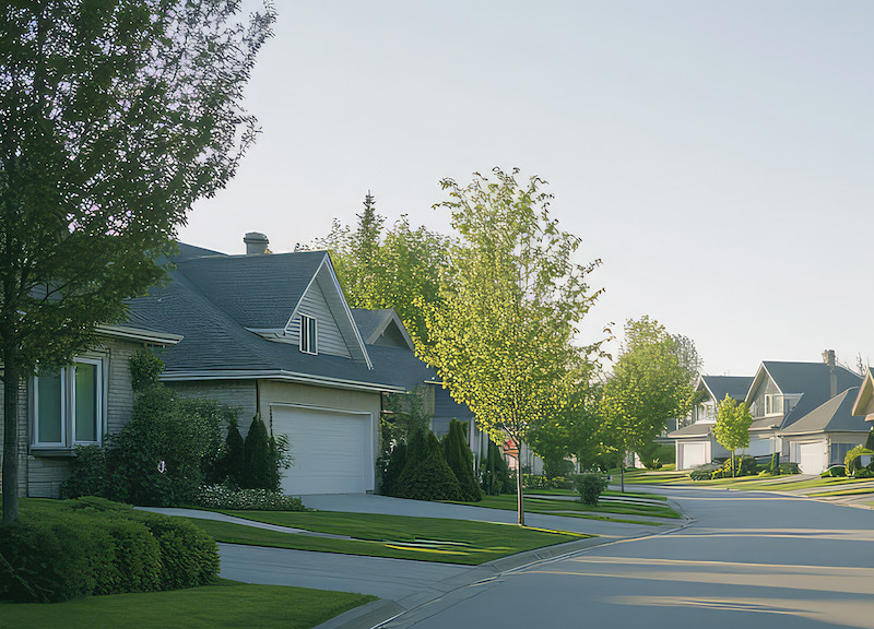 Serene Suburban Street with Lush Green Trees and Well-Maintained Homes on a Clear Day