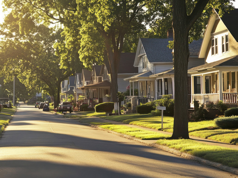 A sunny suburban neighborhood with homes featuring porches, wide streets, and tall trees offering shade.