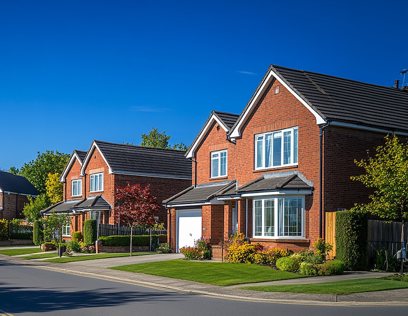 Row of new houses in a row on a road in the countryside